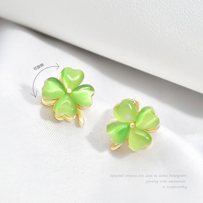 Mua Cute Opal Earring Ring Jewelry Gold Rotating Green Opal Four Leaf Clover Ring Earring Set sản xuất trực tuyến