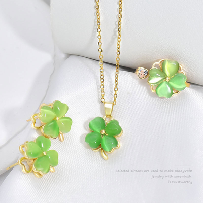Mua Popular Rotatable Jewelry Set Green Cats Eye Four Leaf Clover Ring Earrings Necklace Jewelry Set sản xuất trực tuyến