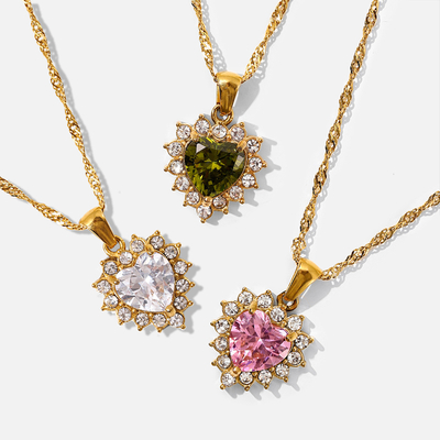 Buy XM20027  Women's Zircon Heart Necklace Stainless Steel Jewelry 18k Gold Chain Necklace Shiny Green / Pink / White Pendant Necklace online manufacture