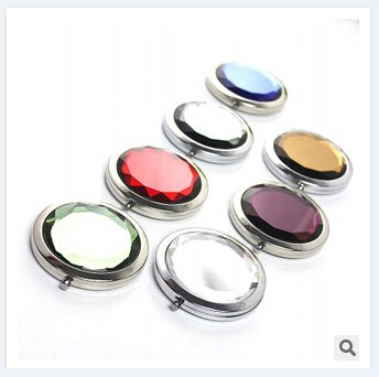 folding promotional logo printed round crystal stainless steel pocket mirror