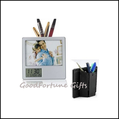 multi-functional desk fold calendar time temperature pen holder with photo frame