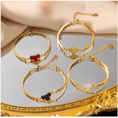 Popular Waterproof Black Red Clover Bangle 18K Gold Stainless Steel Gold Four Leaf  Bracelet Bangle
