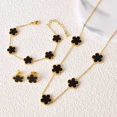 Factory Four Leaf Clover Necklace Bracelet Earrings 18K Real Gold Stainless Steel Four Leaf Clover Jewelry Set