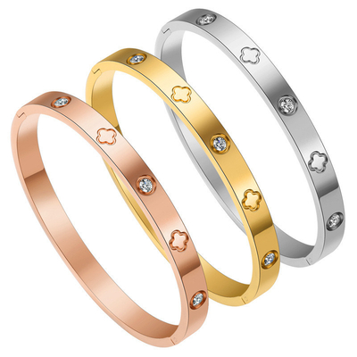 Popular Non Tarnish Clover Bracelet Diamond Stainless Steel 18K Gold Plated Clover Bangle Bracelet With Diamonds