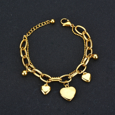 316L Custom 18k Gold Plated Heart Charm Chain Bracelet Chain Non Tarnish Stainless Steel Gold Heart Charm Bracelet
