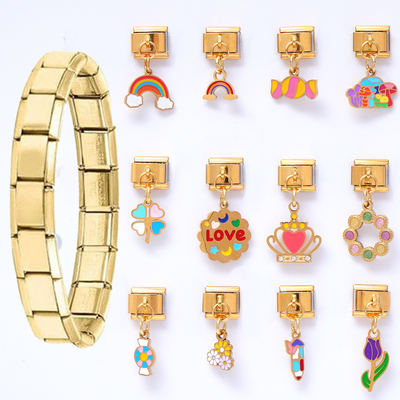 Wholesale Custom Oil Dripping Candy Color Italian Charm Dangling Hot Selling Waterproof Stainless Steel Italian Charms Bracelet
