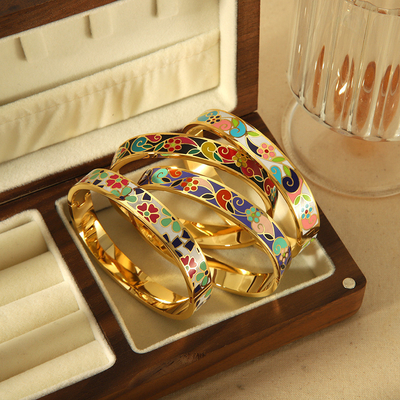 High Quality Enameled Colorful Bracelet Non Tarnish Stainless Steel Gold Plated Flower Enamel Bracelet Women