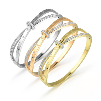 Fashion Waterproof Double Layer Roman Bracelet Stainless Steel Roman Numeral Bangle Bracelet With Diamond