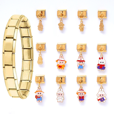 New Trendy Elegant Oil Dripping Cute Cartoon Italian Charm Dangling Fashion Waterproof Stainless Steel Italian Charms Bracelet