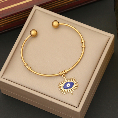 Fashion Stainless Steel Eye Charm Cuff Bracelet Gold Devil'S Eye Cuff Bracelet With Evil Eye Pendant
