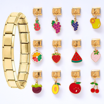 Hot Selling Oil Dripping Fruit Stainless Steel Italian Charm Dangling New Trendy 9mm DIY Italian Charms Bracelet for Women Girls