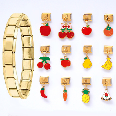Custom Waterproof 18K Gold Plated Stainless Steel Italian Charms Hot Selling 9mm Oil Dripping Fruit Italian Charms Dangling