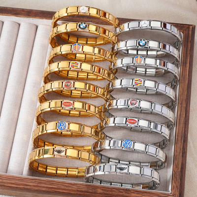 Non Tarnish Luxury Car Brand Italian Link Charm Bracelet  Stainless Steel Gold Silver Car Logo Italian Charms Bracelet
