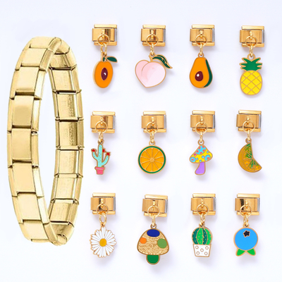 Wholesale Popular Waterproof Stainless Steel Italian Charm Dangling Fashion 9mm Colorful Fruit Italian Charms Bracelet
