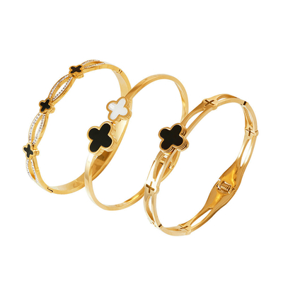 Non Tarnish Five Leaf Grass Bangle Stainless Steel Silver 18K Rose Gold Star Five Flowers Bangle Bracelet