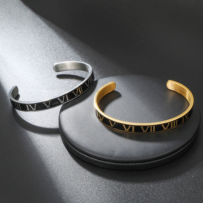 Roman Cuff Bracelet Punk Stainless Steel Black Gold Plated Roman Numerals Cuff Bracelet Bangle for Man