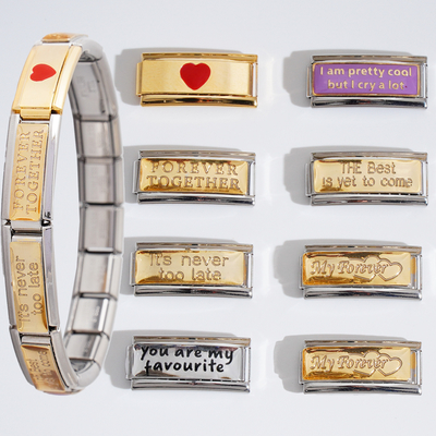 New Design DIY Waterproof Stainless Steel Long Size Italian Charms Link Custom 2cm Words Gold Italian Charms Bracelet