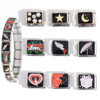 Sliver Italian Charms Bracelet Stainless Steel Black Light Moon Shape Italian Charm Bracelet Valentine's Day