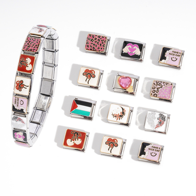 Romantic Wholesale 18K Real Gold Stainless Steel Colorful Heart Cherry 9mm Italian Charm Bracelet