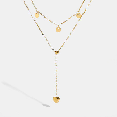 XM20017 14K Gold Double Layer Small Discs Embellished Y-shaped love Heart Pendant Necklace