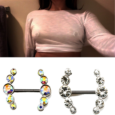 XM20082 Stainless Steel Double Nipple Rings Gemstone Nipple Barbells Nipple Piercing Jewelry  1.6x16mm