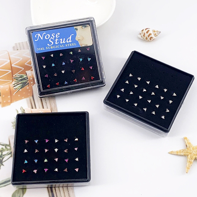 XM20068  24 Pcs Boxes Hot Sale Diamond Fashion Nose Nail Studs Titanium Steel Nose Ring Body Piercing Jewelry