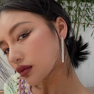 XM20020 14K Stainless Steel Gold/Steel Long Rectangle Zircon Tassel Earrings