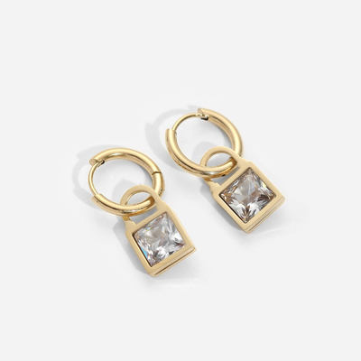 XM200135  14K Gold Stainless Steel Square Zircon Lock Pendant Hoop Earrings Titanium Steel Earrings Women