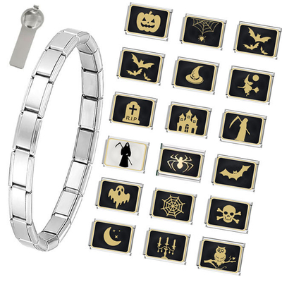 2024 Halloween Italian Charm Link Bracelet Stainless Steel Skeleton Pumpkin Ghost Halloween Italian Charm Bracelet