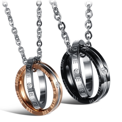 Anniversary Gift Couple Chain Love Necklace Titanium Steel Double Ring Diamond Necklace