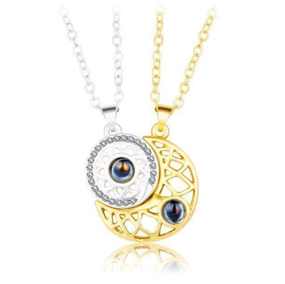 2pcs Sun and Moon Stainless Steel I Love You Necklace 100 Languages Magnet Couple Necklace