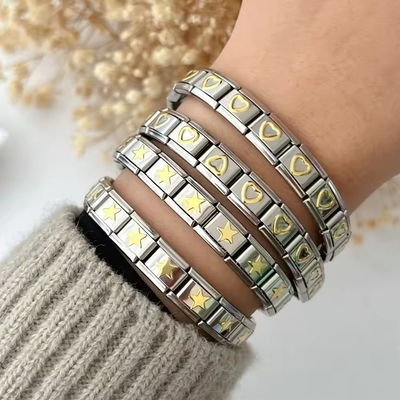 Wholesale Stainless Steel Metal 18pcs 9mm Italian Charm Heart Star Elastic Stretch Italian Charm Link Bracelet