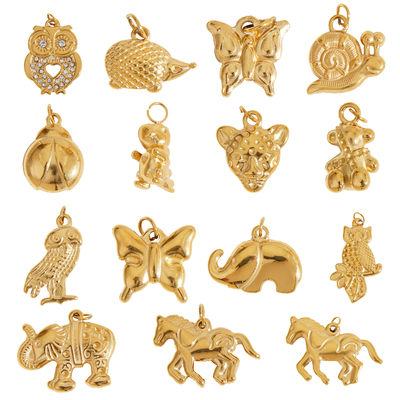 High Polish Animal Charm Waterproof Stainless Steel 18K Gold Owl Horse Butterfly Snail Elephant Charms for Necklace