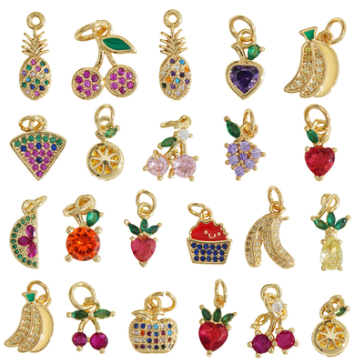 Waterproof Fruit Charm Jewelry Gold Diy Banana Cherry Food Zircon Necklace Charms for Jewelry Making