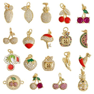 High Quality Diamond Cherries Charm Gold 18K Gold Radish Pineapple Apple Banana Fruit Charm for Necklace