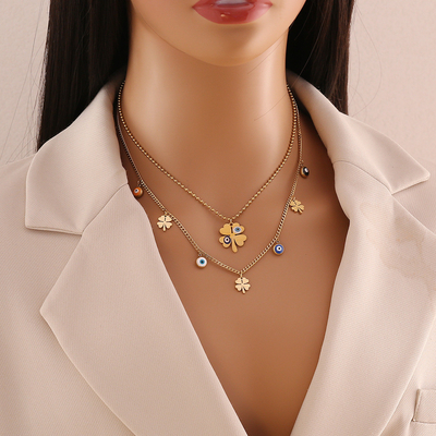 European and American New Jewelry Eyes Stainless Steel Clavicle Chain Temperament Double Chain Flower Necklace