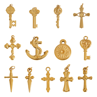 Fashion Key Cross Shape Waterproof 18K PVD Gold Plated Stainless Steel Pendants Charms for DIY Jewelry Making