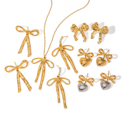 New Trend Nature Pearls Knot Stainless Steel Heart and Bow Earrings Studs Necklace Rings Set