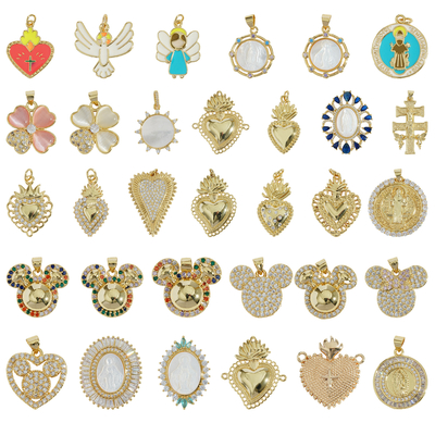 New Tarnish Diy Charms Gold Plated Brass Flower Clover Zircon Gold Heart Charms for Necklace