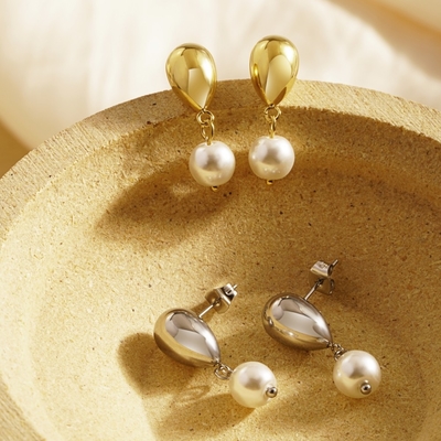 Luxury Non Tarnish Stainless Steel Fashion Earrings Jewelry Freshwater Pearl Water Drop Earrings