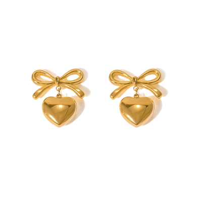 Fashion Stainless Steel Smooth Bow Heart Pendant Earrings Gold Plated Bow and Heart Earrings