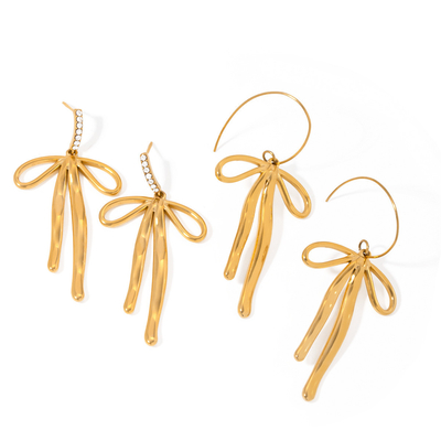 2024 New Wholesale Long Stainless Steel Earrings Gold Plated Necklace Long Pendants Bow Earrings