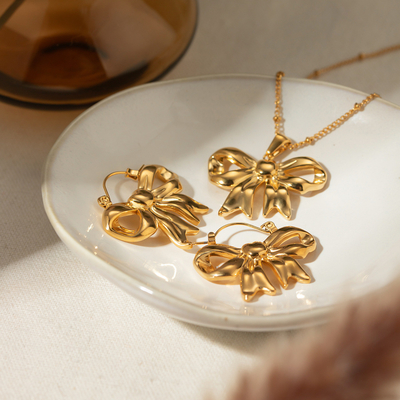Ins Fashion Steel Jewelry Stainless Earings Bow Necklace 18K Gold Plated Bow Earrings Gift for Women