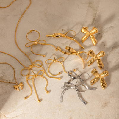 Wholesale Retro Pearl Bow Ribbon Earrings Ear Stud Butterfly Stainless Steel 18K Gold Bow Earrings