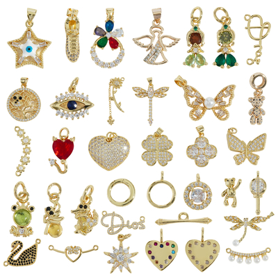 2025 New Tarnish Free Diy Necklace Charms Gold Plated Brass butterfly Clover Zircon Gold Heart Charms for Jewelry Making
