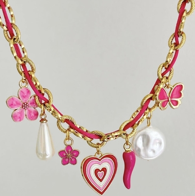 Popular Waterproof Diy Charm Necklace Stainless Steel 18K Gold Flower Pepper Heart Pearl Charms Necklace
