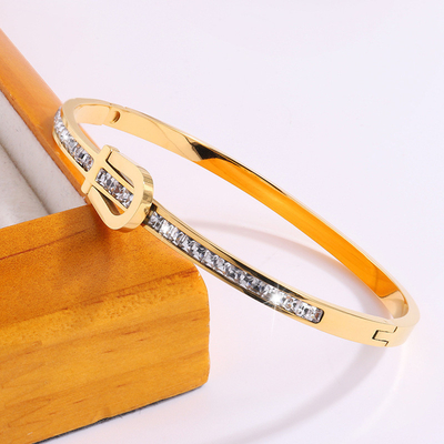 Luxury Non Tarnish Waterproof Fine Jewelry Bangle Stainless Steel 18K Gold Diamond Open Bracelets
