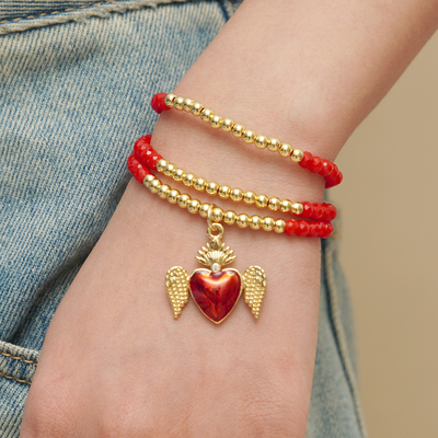 Fashion  Heart Charm Beaded Bracelets Gold Red Waterproof Brass Gold Plated Beaded Bracelets With Charms