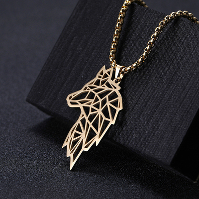 High Quality Waterproof Gold Silver Black Stainless Steel Hip Hop Necklace Animal Wolf Pendant for Men