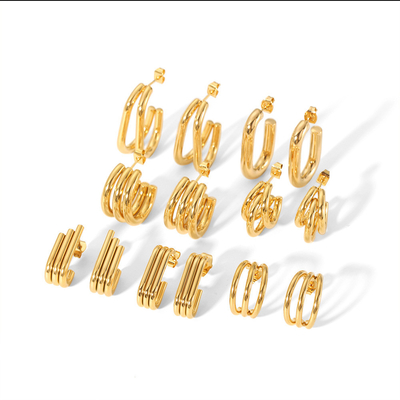 New Design Ear Hoop Earring Stainless Steel Double Triple 18K Gold Hoop Geometric Earring Women